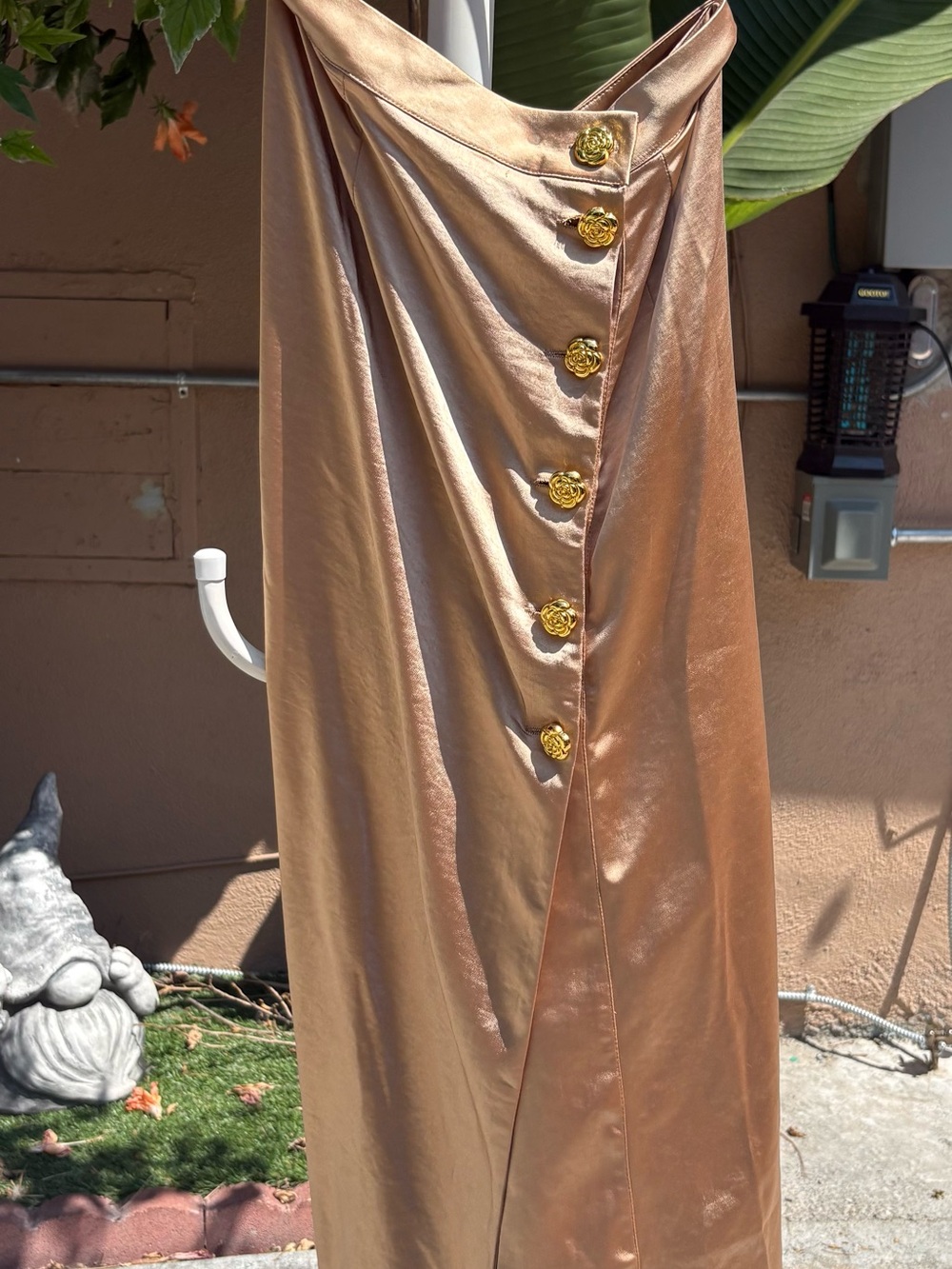 Satin Gold-Tone Button Maxi Skirt